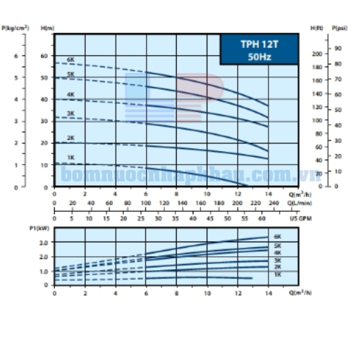 Biểu đồ lưu lượng của máy bơm trục ngagn Walrus TPH12T
